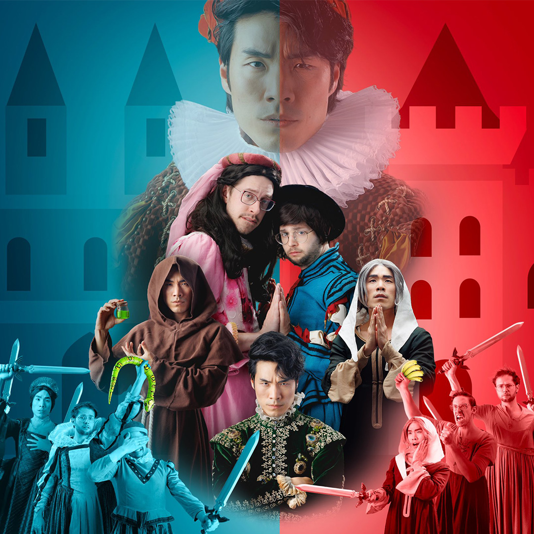 Poster for Try Guys comedy group dressed as characters from the Romeo and Juliet play 