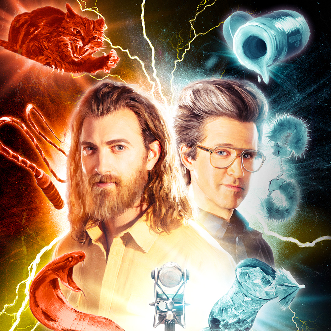 Good Mythical comedy group stylized red and blue event poster